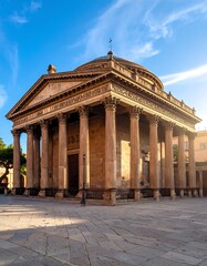 Obraz premium A stately ancient building with classical columns and a domed roof stands in a sun-drenched plaza.