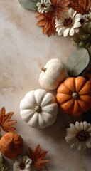 Autumn pumpkins and flowers on marble