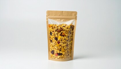 A stand-alone, upright, kraft paper and clear plastic stand-up pouch filled with granola, displaying a mix of grains, nuts, and dried fruit.