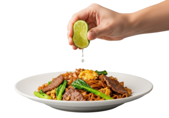 Adult hand squeezing vibrant lime wedge, juice drop falling onto Pad See Ew noodles with beef and gai lan on white plate, transparent background, dynamic fresh food concept