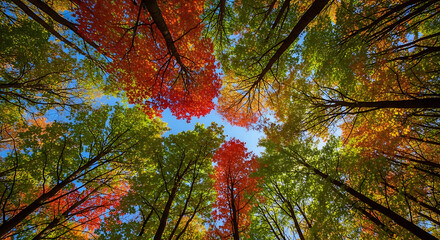 Vibrant Autumn Canopy - Upward View of Colorful Trees Reaching Skyward.