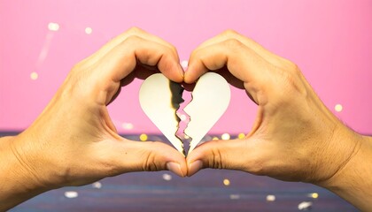 Two hands forming a heart shape around a broken, scorched heart