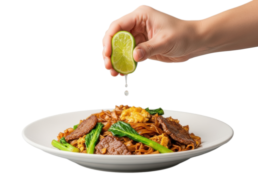 Adult hand squeezing vibrant lime wedge, juice drop falling onto Pad See Ew noodles with beef and gai lan on white plate, transparent background, dynamic fresh food concept