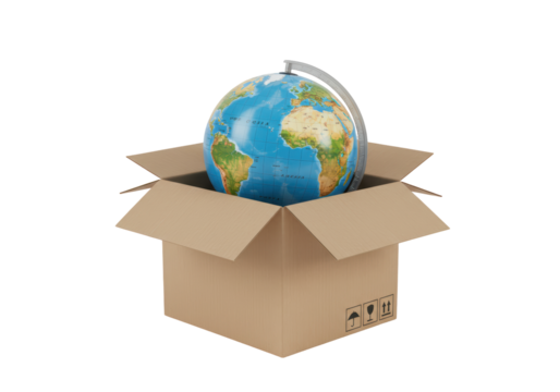 Isolated globe model in cardboard box world map travel education atlas sphere geography