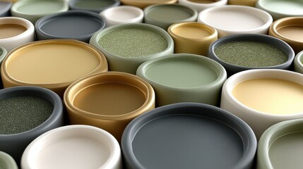 A vibrant collection of paint cans in various colors arranged artistically on a surface