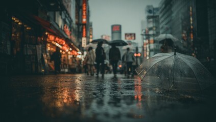 Rainy city street, blurred figures under umbrellas