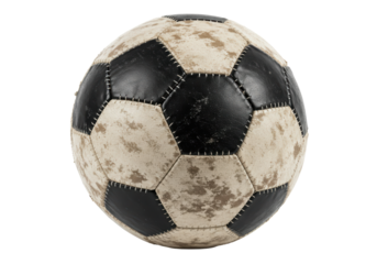 Isolated distressed soccer ball, leather patches stitched together in worn condition vintage look