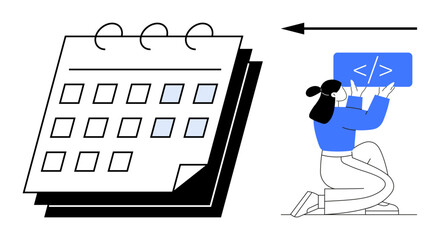 Large calendar with highlighted dates and kneeling developer adjusting a code panel. Ideal for time management, productivity, deadlines, project planning, software development, coding, simple landing