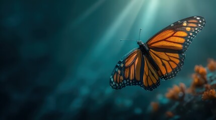 Fototapeta premium A vibrant monarch butterfly gracefully flutters above colorful flowers in a serene, sunlit environment