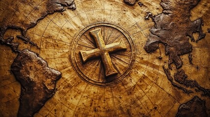 Fototapeta premium Ornate golden cross centered on aged world map