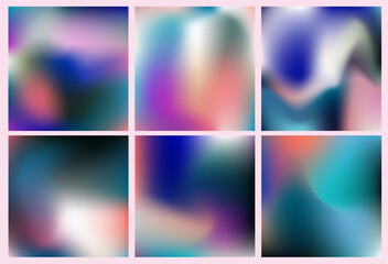 Vector illustration in modern abstract style, featuring six colorful gradients with soft, blurry shapes. Colors include blue, turquoise, pink, black, and white. Theme: fluid, dreamy, digital art.