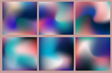 Fototapeta premium Vector illustration in modern abstract style, featuring six colorful gradients with soft, blurry shapes. Colors include blue, turquoise, pink, black, and white. Theme: fluid, dreamy, digital art.