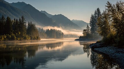 Misty morning reflections on a calm mountain lake surrounded by dense forest and serene nature