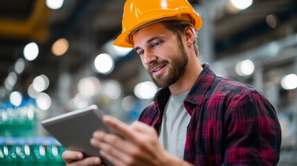 Young construction worker using a tablet in an industrial setting during work hours