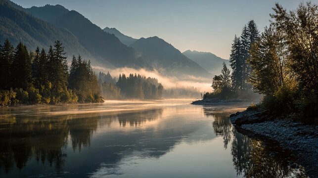Misty morning reflections on a calm mountain lake surrounded by dense forest and serene nature