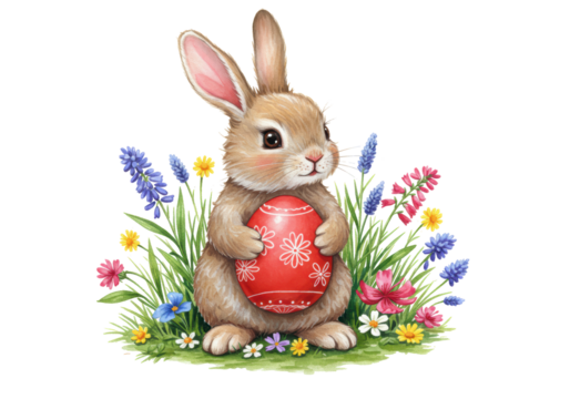 Isolated Easter bunny holding a decorated egg in colorful spring flowers, watercolor art