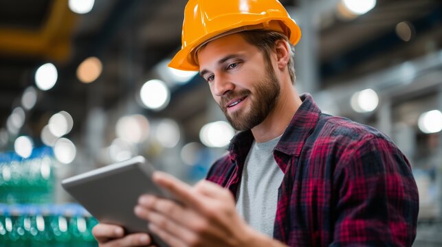 Young construction worker using a tablet in an industrial setting during work hours - Powered by Adobe