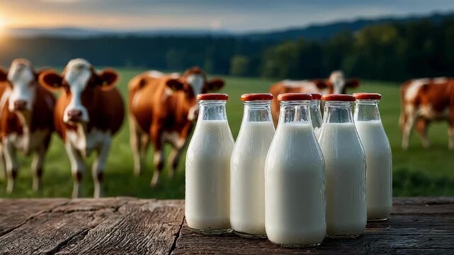 Fresh milk in glass bottles on a rustic table with grazing cows in the farm background, illustrating the farm-to-table concept, organic dairy products and rural life