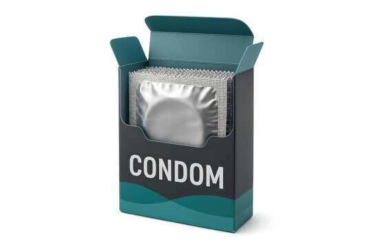 Open condom box displaying wrapped condoms on transparent background