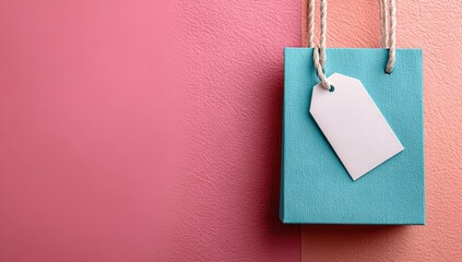 Teal gift bag with blank tag, pastel background