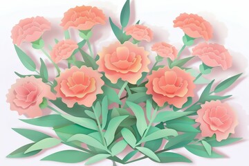 Delicate, pastel-colored carnations arranged in a bouquet, with paper-cut, 3D-like petals and leaves. Soft, pastel shades of peach and light green create a gentle and romantic mood.