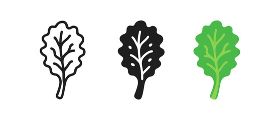 Leaf icons: outline, solid, and colorful spinach leaves on white background