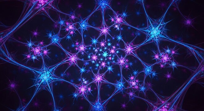 Abstract Glowing Neural Network with Vibrant Blue and Purple Fractal Connections and Star Nodes on Dark Background