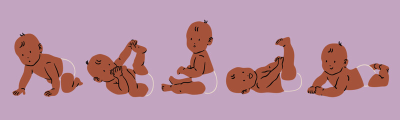 Little babies in different positions. Cute characters in diapers. Playing, sitting, lying, crawling baby. Happy newborn boy or girl. Hand drawn Vector illustration. Isolated design elements 