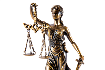Bronze Lady Justice statue holding scales and sword isolated on a transparent background