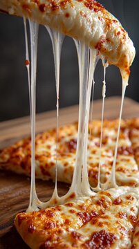 Una fetta di pizza, con formaggio filante, sollevata da un tagliere di legno.