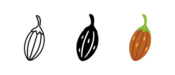 Cocoa bean icons in linear, silhouette, and colored styles on white background