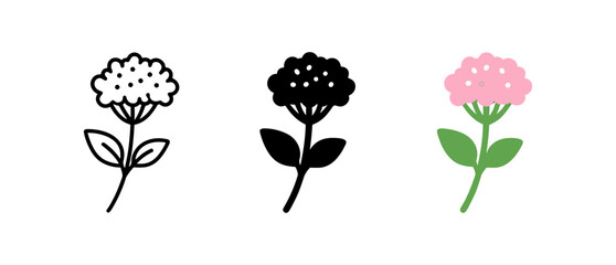 Minimalist flower icons in color, black, and outline variations