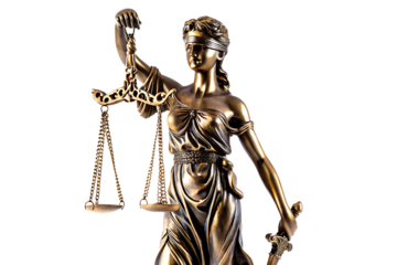 Bronze Lady Justice statue with scales and sword isolated on a transparent background
