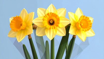 Three low-poly daffodils against a pale blue background