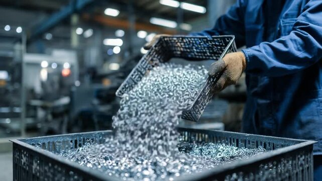 Industrial Metal Processing: A worker handles metal shavings during the industrial process, showcasing manufacturing, recycling, and sustainability in a close-up view.