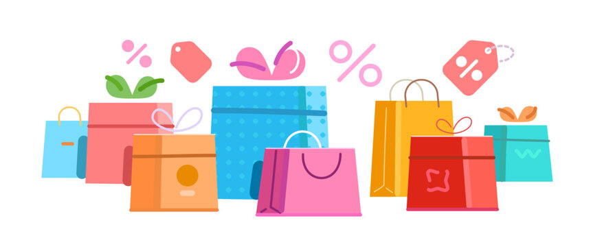 Colored boxes with bows and shopping bags. E-commerce, retail concept