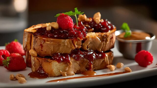 Ultra HD Delicious french toast with peanut butter and jelly, topped with fresh strawberries and peanuts, a gourmet breakfast or dessert on a white plate, peanut butter and jelly sandwich video