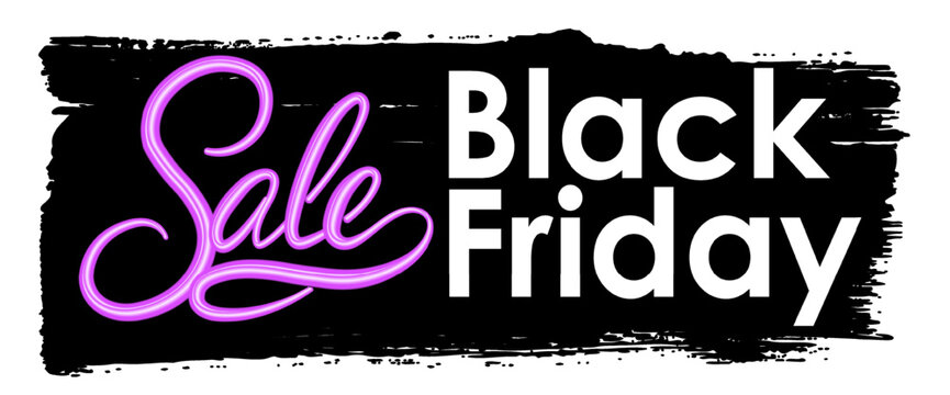 Black Friday sale banner with neon lettering. Modern vector illustration with glowing purple script word Sale and bold typography on black brush stroke background. Perfect for advertising and promotio