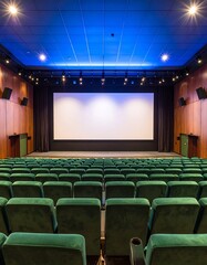 Fototapeta premium A spacious cinema hall with rows of emerald green velvet seats, a large white screen, and a vibrant blue ceiling.