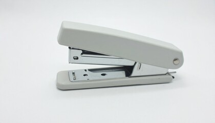 A light gray stapler sits angled on a plain white background.