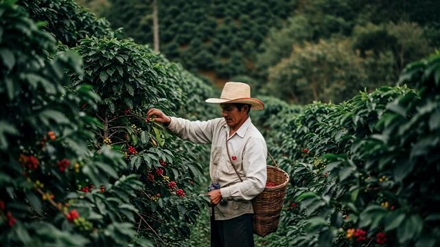A farmer in a straw hat hand-picks ripe red coffee beans from a plant on a lush plantation, illustrating the harvest process, fair trade principles and organic agriculture