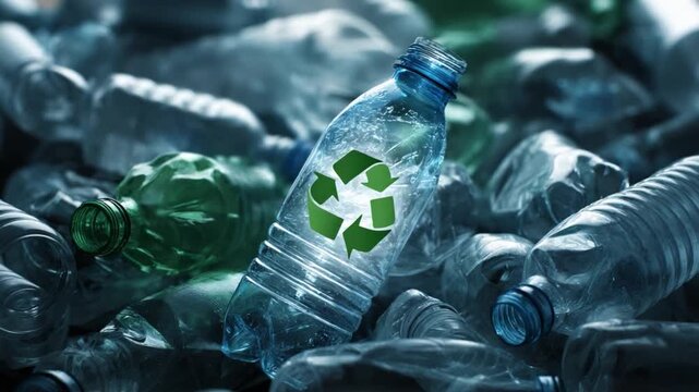 Bottled Recycled Awareness: A clear plastic bottle with recycle symbol sits prominently amidst a pile of other bottles, advocating for sustainability, eco-friendliness and the imperative of reduce.