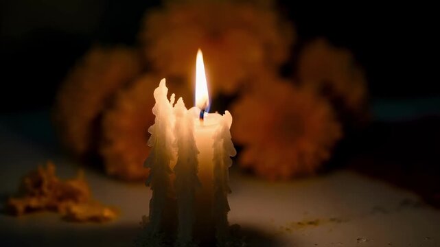 A close-up of a burning candle with a warm flame against blurred marigolds, creating a spiritual and solemn atmosphere for dia de los muertos, remembrance, and honoring ancestors