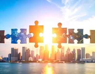 Jigsaw pieces connecting over a city skyline
