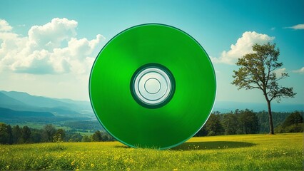 A green field holds a blank digital storage disc - green screen for your design