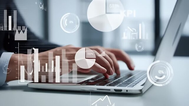Closeup Hands Typing on Laptop with Holographic Charts
