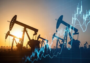 Oil pumpjacks and financial stock market graph at sunset