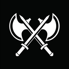 Black silhouette icon of crossed axe and sword  medieval vector art for warriors, battles, and fantasy themes.