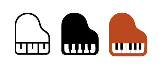 Minimalist grand piano icons set in linear, solid, and flat styles
