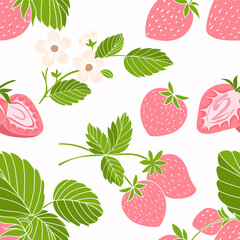 Cute strawberry seamless pattern with fresh green leaves and blossoms, perfect for summer designs, fabric, packaging, and backgrounds.